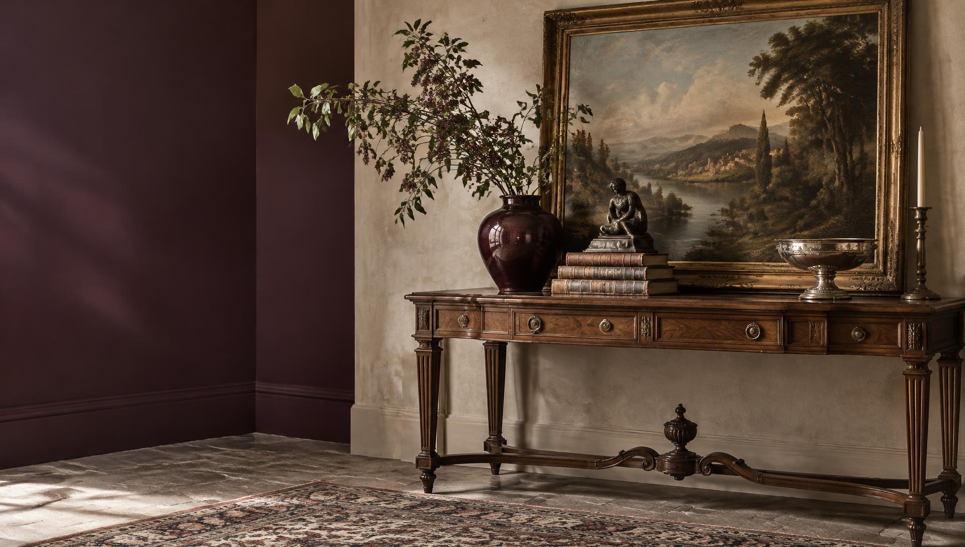 An antique console, framed painting, books, and collected objects in an editorial interior