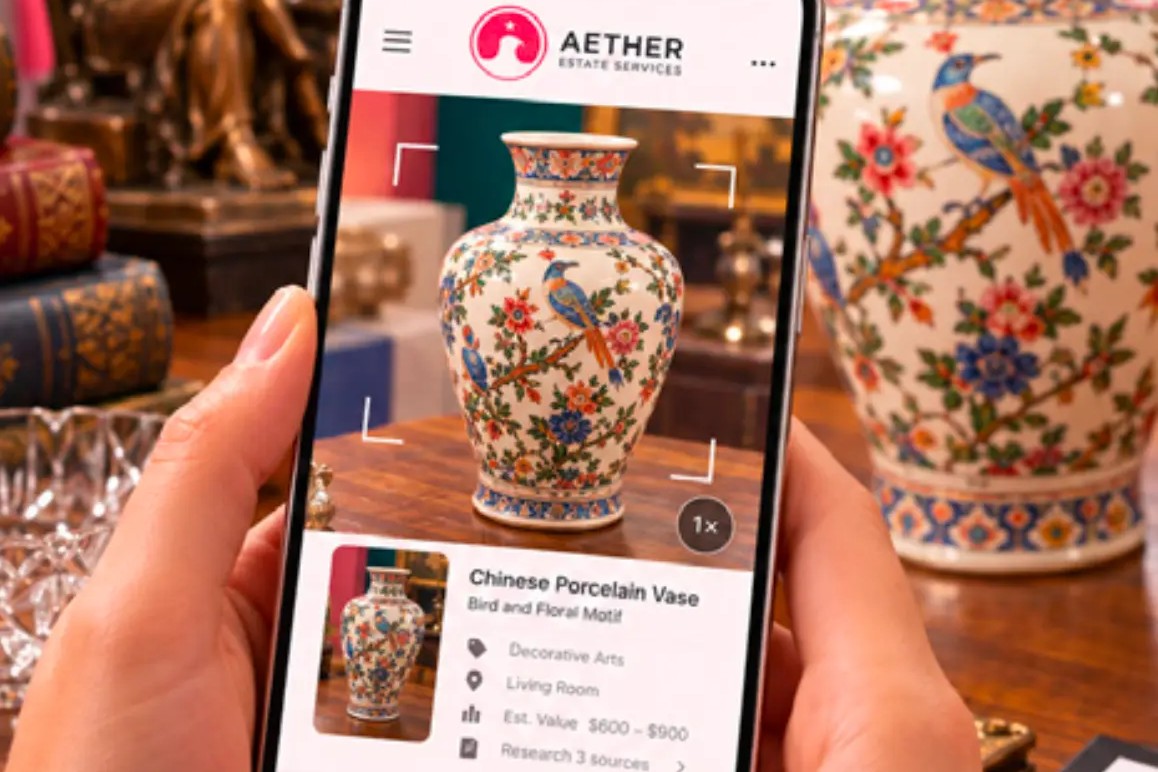 Cataloging a Chinese porcelain vase in the Aether inventory app on a phone
