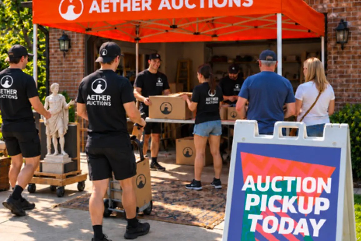 Buyers collecting purchases under the orange Aether Auctions pickup tent