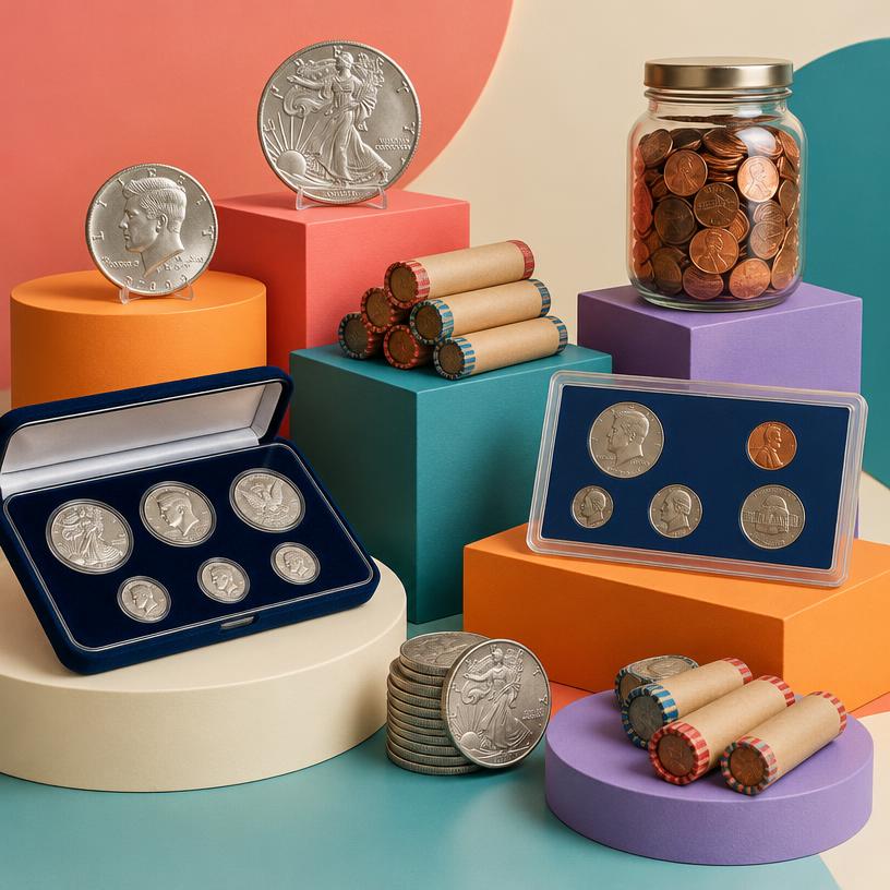 Coins: Penny rolls, silver, mint sets, and rare dates