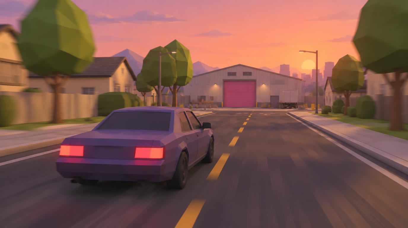 Aether Run: a customer's car speeding down a low-poly street toward the Aether Auctions warehouse