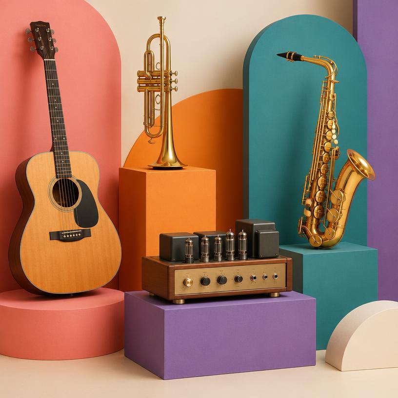 Instruments: Guitars, pianos, brass, and vintage amplifiers